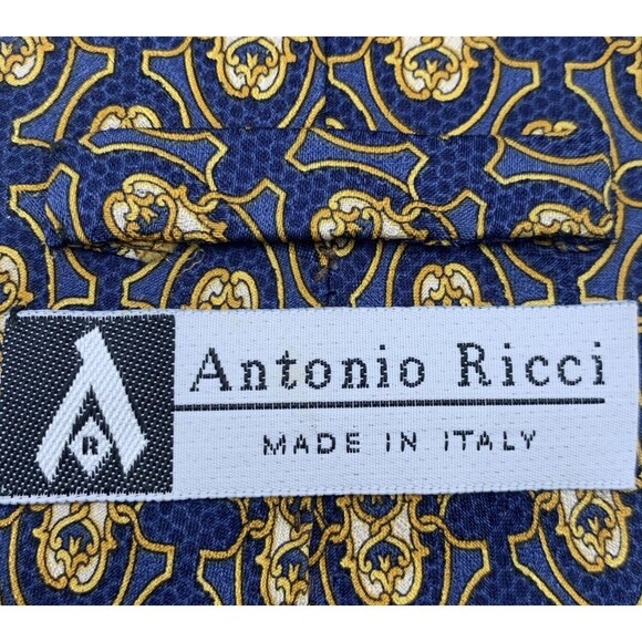 ANTONIO RICCI Men's Blue Geometric Medallions Made in ITALY 100% Silk Neck Tie - Picture 7 of 10